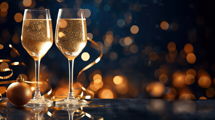 Sparkling Celebrations Festive Happy New Year with Christmas and New Year Holidays Background, Champagne Glass, Golden Ribbon, Christmas Ball on Blue. created with Generative AI