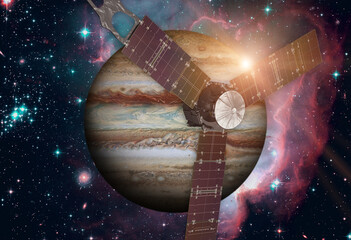 Juno spacecraft and Jupiter. Elements of this image furnished by NASA.