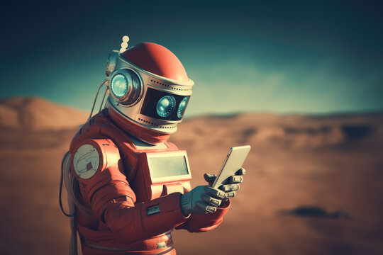 Robot using smartphone standing on another planet