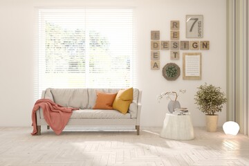 Bright interior design with modern furniture and summer landscape in window. 3D illustration