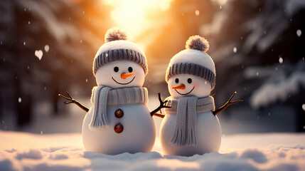 Winter Delights Holiday Christmas Background Banner - Closeup of Cute Funny Laughing Snowman with Wool Hat and Scarf, on Snowy Snowscape with Bokeh Lights, created with Generative AI