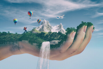 Conceptual image of a mountain landscape held by a hand, flowing water cascading and tourist hiking...
