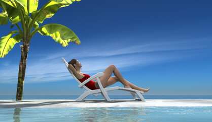 Young woman relaxing on a sunbed at the piece of beach with a palm tree behind. This is a 3d render...