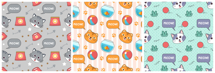 Set of Cats Animals Seamless Pattern Design with Cat Element in Template Hand Drawn Cartoon Flat Illustration