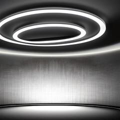 Futuristic room with circle neon podium and a round neon lamp. 3D space with empty stage. Dark Futuristic room with podium and Effect of light, glare, reflection, glow. Stage for show product
