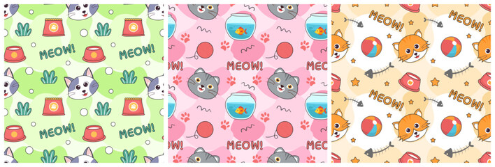 Set of Cats Animals Seamless Pattern Design with Cat Element in Template Hand Drawn Cartoon Flat Illustration
