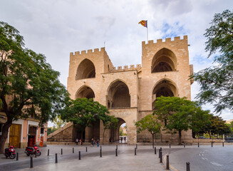 VALENCIA, SPAIN - SEPTEMBER 24, 2014: Serrano Gate or Serranos Towers. Its old medieval city wall....