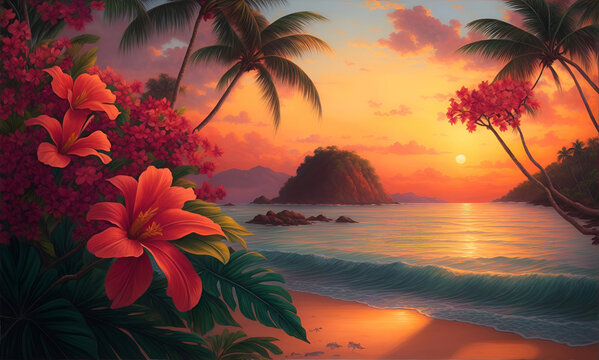 tropical sunset on the beach with palm trees and tropical flowers illustration