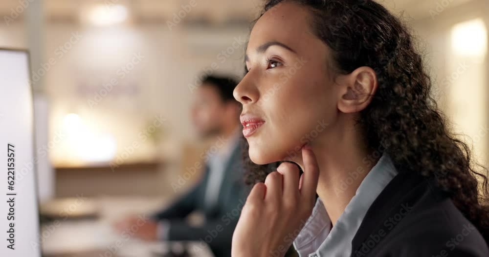 Poster thinking, office and business woman at night working on project, brainstorming ideas and proposal. c