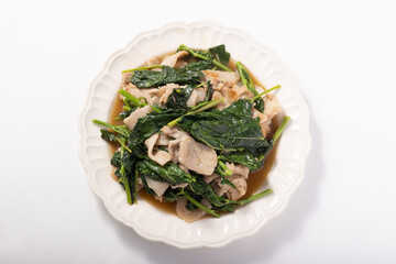 モロヘイヤと豚肉のにんにく炒め