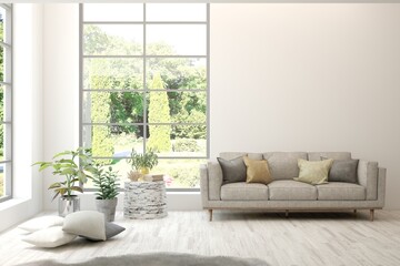 Bright interior design with modern furniture and summer landscape in window. 3D illustration