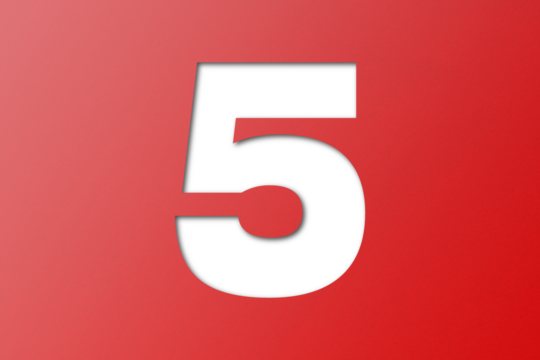 number cut paper 5 red isolated on transparent background