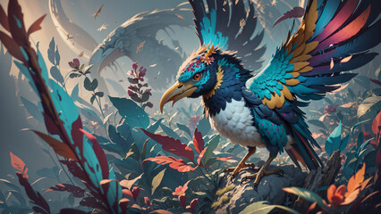 Blue fantasy birds gracefully a tapestry of colorful flowers, their presence adding a touch of magic to the natural world, as if they are guardians of nature's splendid palette.