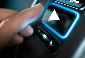 Finger about to press a play button on a home sound system interface. Black background and blue...
