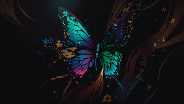 Bright, colorful butterfly emerges from the shadowy depths, its vibrant wings captivating the eye with a brilliant display of hues that seem to illuminate even the darkest corners.