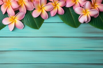 Serene Blooms: Pink Plumeria Flowers on Blue Wood Background - Social Media Template with Empty Space