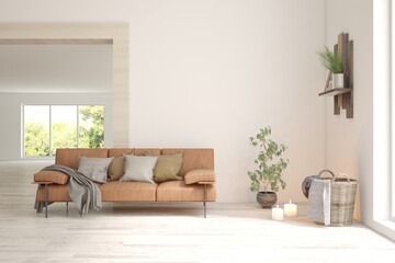 Bright interior design with modern furniture and summer landscape in window. 3D illustration