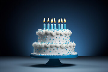 blue and white birthday cake and candles on black blue background