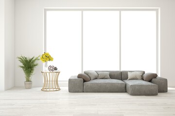 White living room with sofa. Scandinavian interior design. 3D illustration