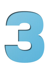 number cut paper 3 light blue colors isolated on transparent background