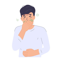 Sick man with nausea, hand holding his mouth. modern trendy style. Hand drawn vector character illustration. Isolated on white background.
