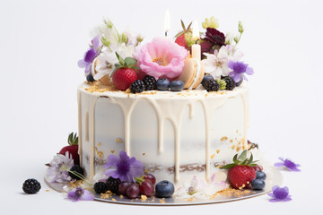 Obraz na płótnie Canvas white color birthday cake with flowers on white background