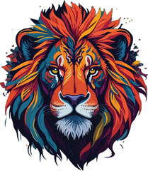 Colorful lion face drawing vibrant vivid colored t-shirt design vector illustrations. Spectrum-spotted lion regal beauty
