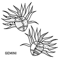 Gemini Zodiac Sign Coloring Page. Hand Drawn Coloring Book in Steampunk Style. Coloring Sheet with Black and White Zen Art Gemini Illustration.