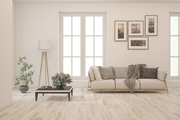 White living room with sofa. Scandinavian interior design. 3D illustration