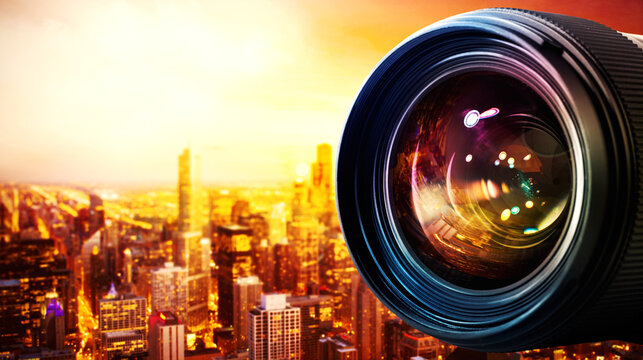 Professional lens of reflex camera with light effects and city on background