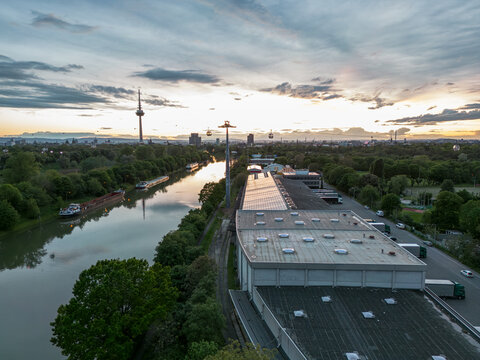 Mannheim city with ropeway connecting parks during federal horticulture and garden shows Bundesgartenschau BUGA Germany