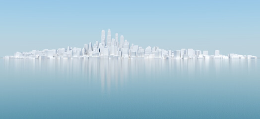 White city with blue sky and sea. 3D rendering