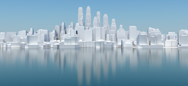 White city with blue sky and sea. 3D rendering