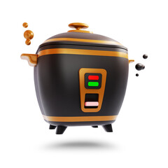 3D rendering of a black and gold rice cooker isolated on a transparent background.