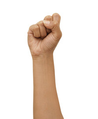 fist isolated on white background, female hand with the fingers closed together tightly for victory freedom and election