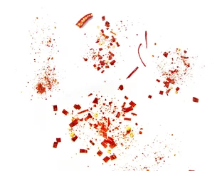 Fotobehang Red chilli flakes, Hot crushed red cayenne pepper flakes scattered over white background. dried chilli flakes and seeds  © GEMINI