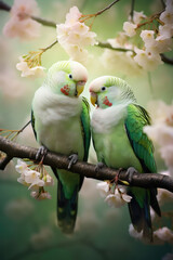 Couple of Beautiful Parrot on the on the Branch of a Blooming Tree