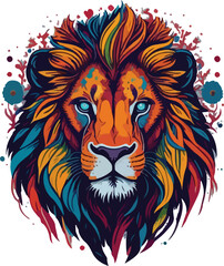 Colorful lion face drawing vibrant vivid colored t-shirt design vector illustrations. Majestic colorful lion king