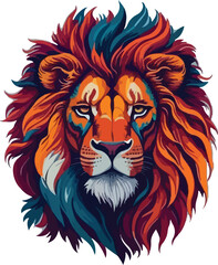 Plakat Colorful lion face drawing vibrant vivid colored t-shirt design vector illustrations. Spectrum-spotted lion fierce beauty