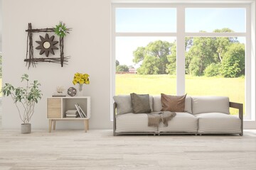 White modern interior design with sofa. Scandinavian interior design. 3D illustration