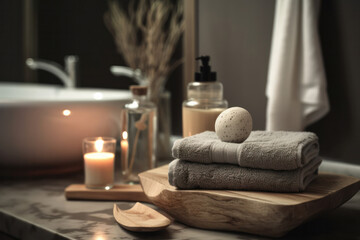 Fototapeta na wymiar Elegant bathroom decor with soft towels and scented candles on a wooden table, providing a peaceful and serene space for relaxation. AI Generative