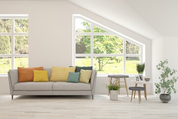 Modern interior concept with sofa and summer landscape in window. 3D illustration
