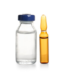 Medical ampule and bottle with medicines on white background