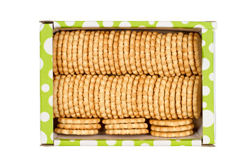 Box of biscuits. Packaging biscuits on a white background. Cardboard box with biscuits top view.
