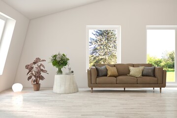 Bright interior design with modern furniture and summer landscape in window. 3D illustration