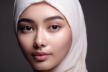Close-up portrait of a young muslim indonesian woman with clear soft skin. Skin care concept.