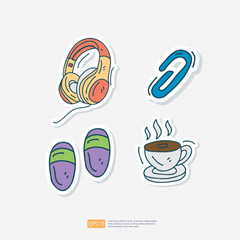 Audio Headset, Paper Clip, Home Slippers, hot coffee cup cute doodle icon. sticker set vector illustration