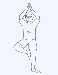 Man doing tree pose. Male person in outline style.