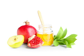 Jar of honey, fresh fruits and plant branch on white background. Rosh hashanah (Jewish New Year) celebration