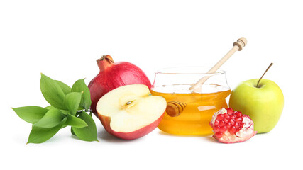 Jar with sweet honey, fruits and plant branch on white background. Rosh hashanah (Jewish New Year) celebration